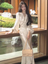 BXOXO party look inspos Autumn Satin Midi Dresses for Women V-neck Lantern Sleeve Lace-up Bodycon Mermaid Evening Party Dress Robe Elegant Vestidos New